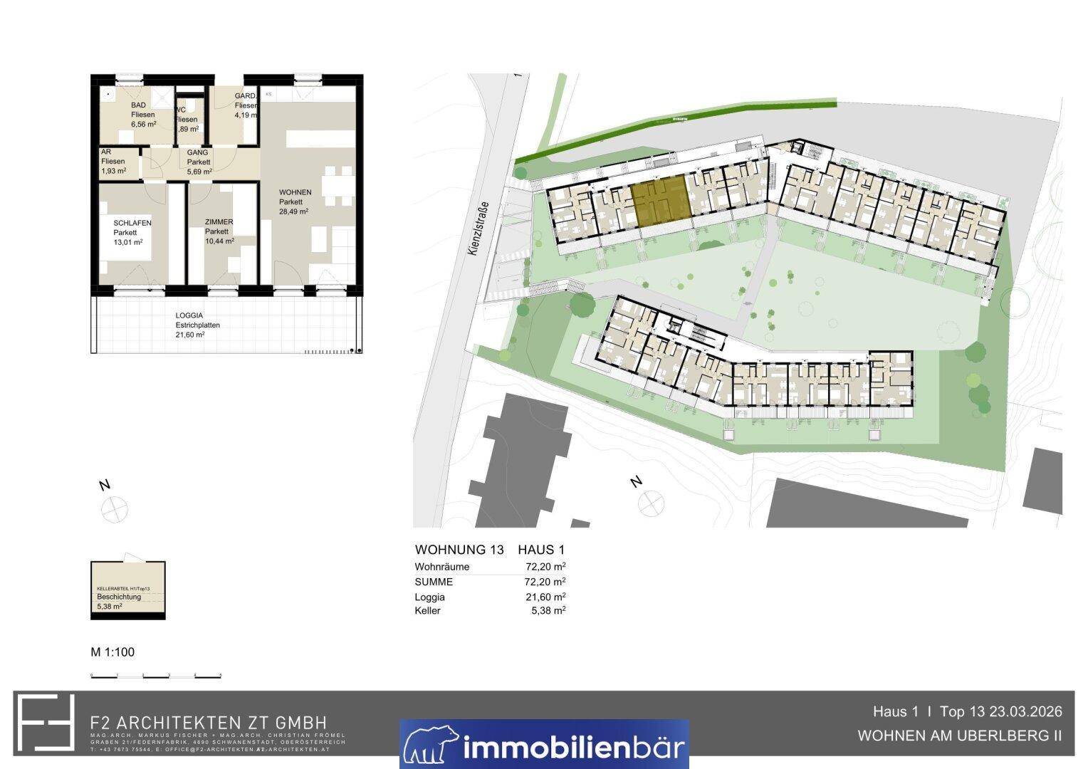 Grundriss der Wohnung 13 in Haus 1 mit Loggia, separatem WC und Kellerabteil.