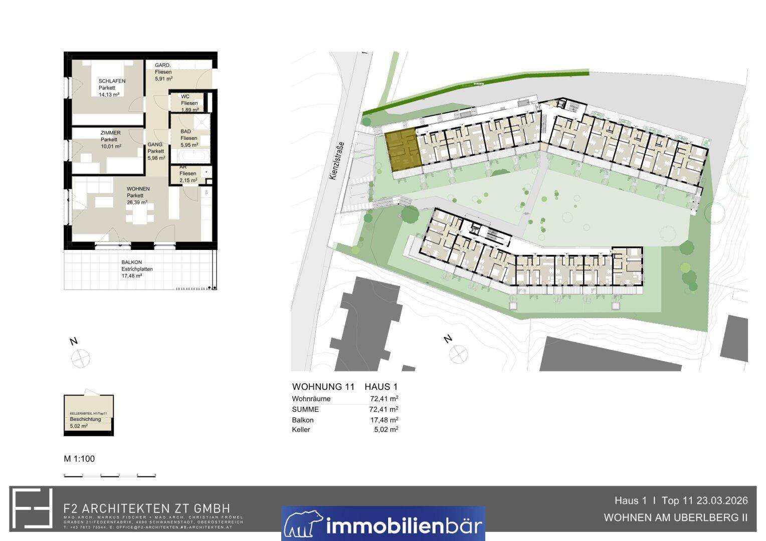 Grundrissplan einer Wohnung mit drei Zimmern, Bad, WC, Balkon und Kellerabteil.