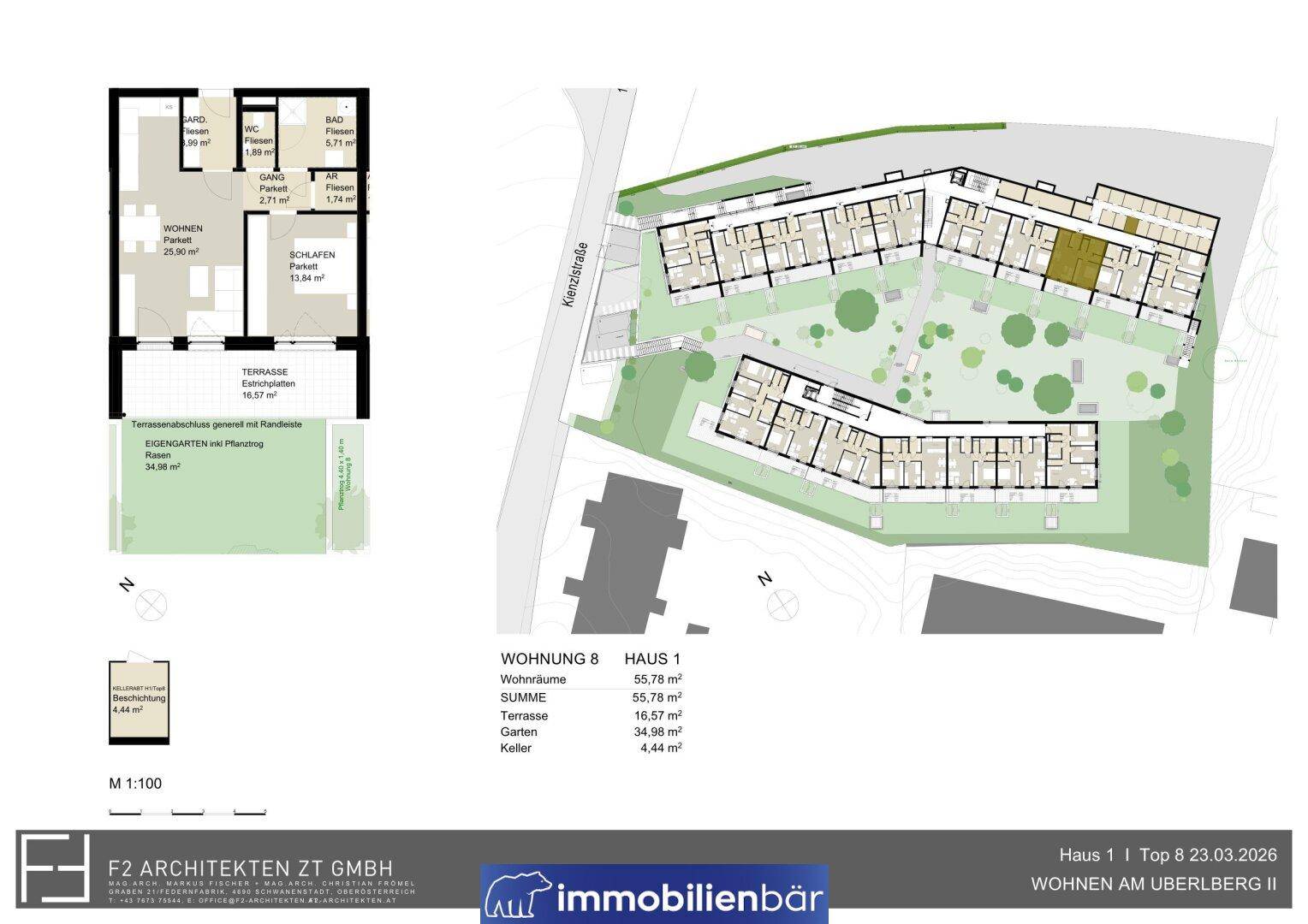 Grundriss einer Wohnung mit offenem Wohnbereich, Schlafzimmer, Bad, separatem WC, Terrasse und eigenem Garten.