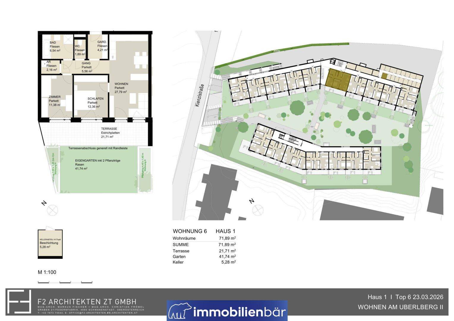 Grundriss einer Wohnung mit Terrasse und Garten sowie Gesamtübersicht der modernen Wohnanlage.