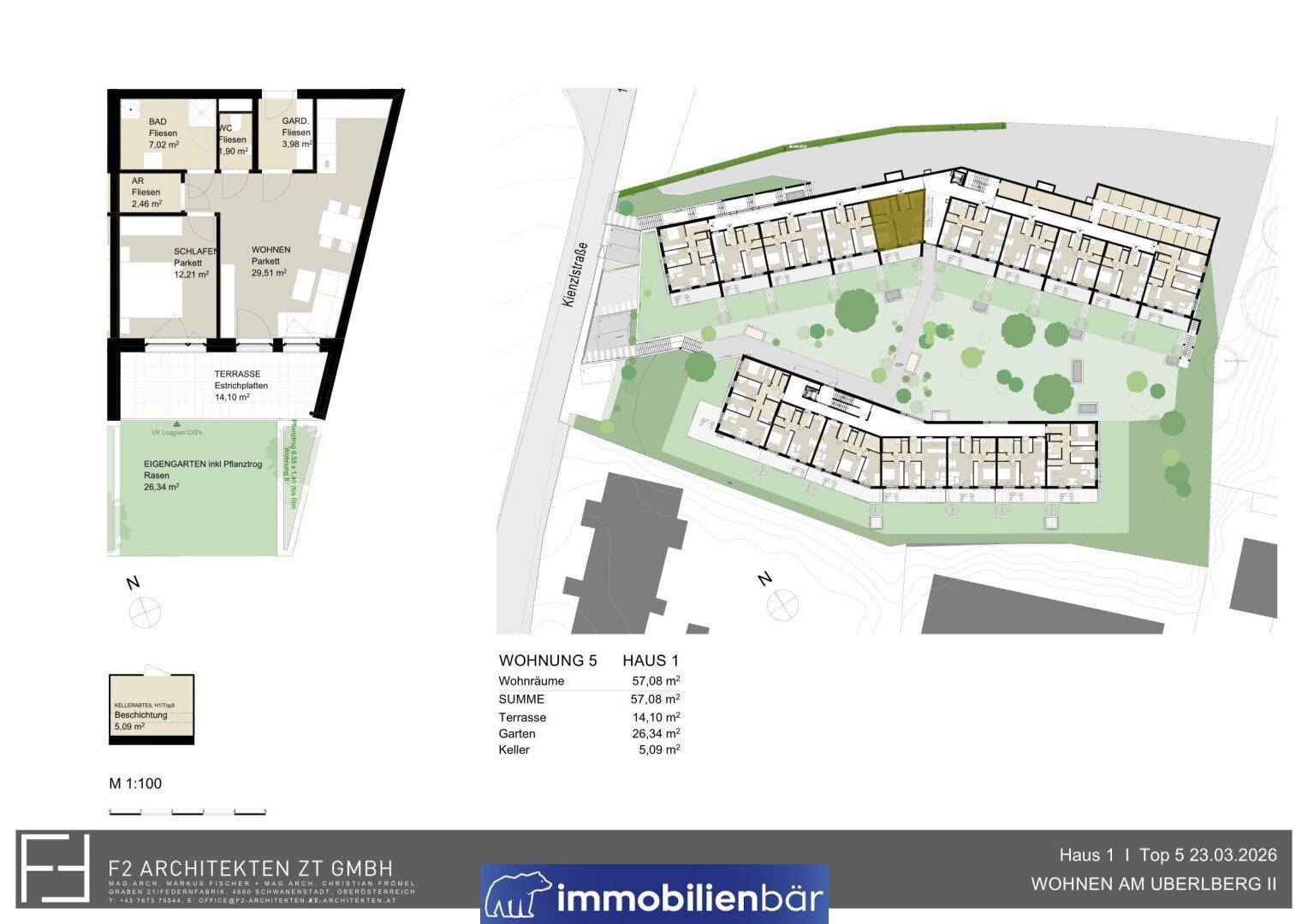 Gesamtübersicht des Gebäudekomplexes mit Grünflächen und detailliertem Grundriss einer Wohneinheit.