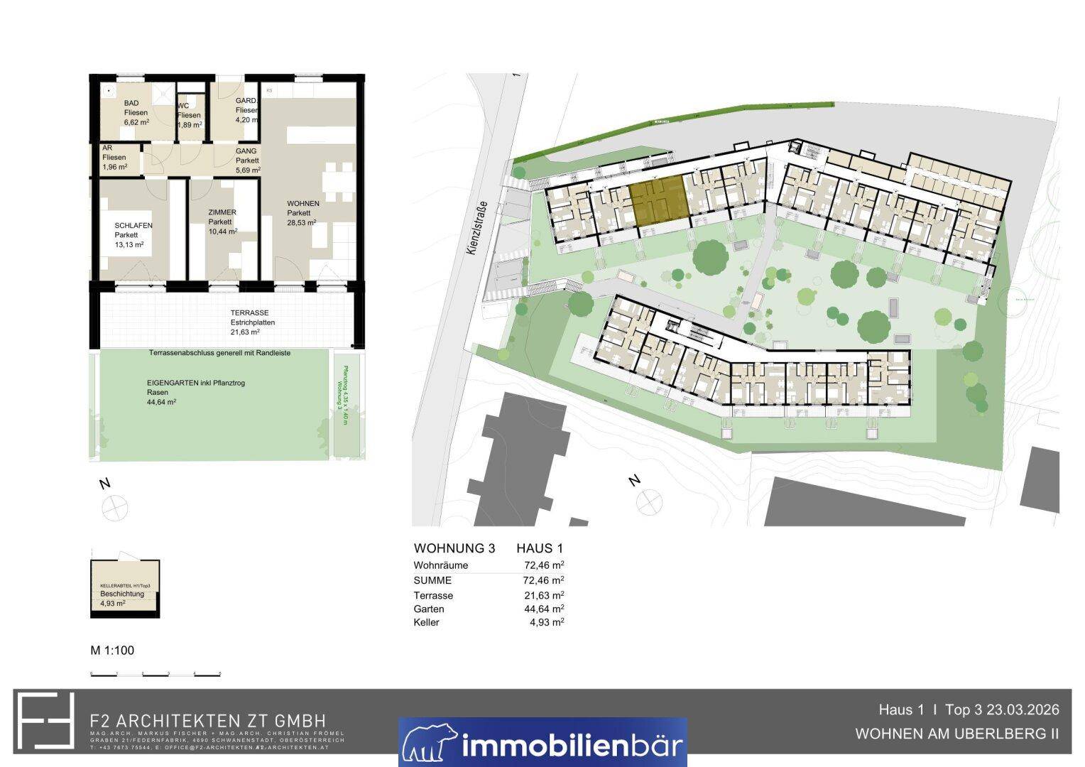 Grundriss einer Wohnung mit Terrasse und Gartenanteil sowie Gesamtübersicht der Wohnanlage.