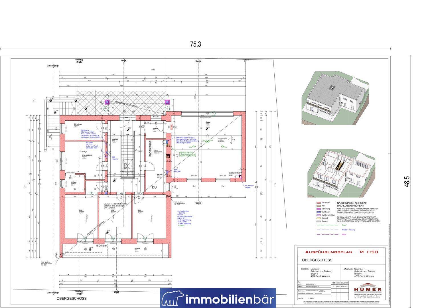 Grundriss des Obergeschosses mit Schlafzimmern, Bädern und Balkonzugang.
