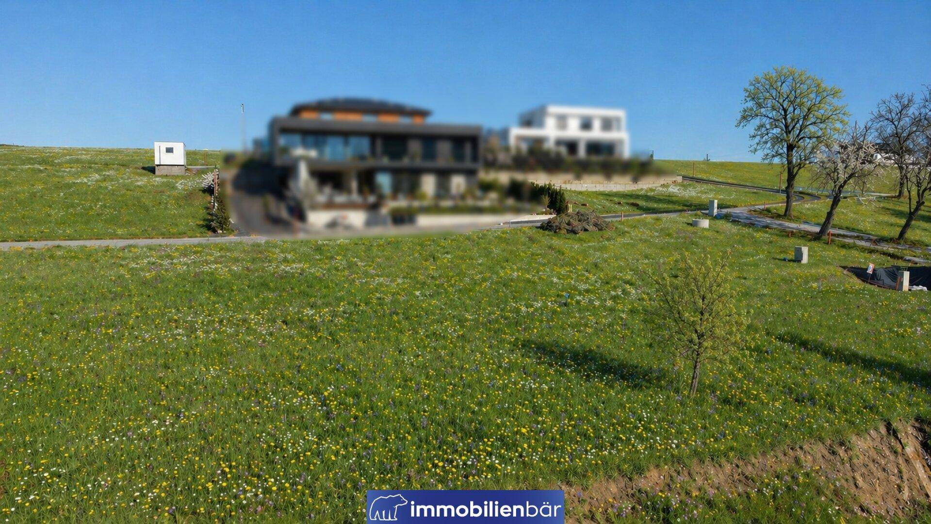 Weitläufige grüne Wiese mit unscharfem Blick auf moderne Gebäude in der Ferne unter klarem Himmel.