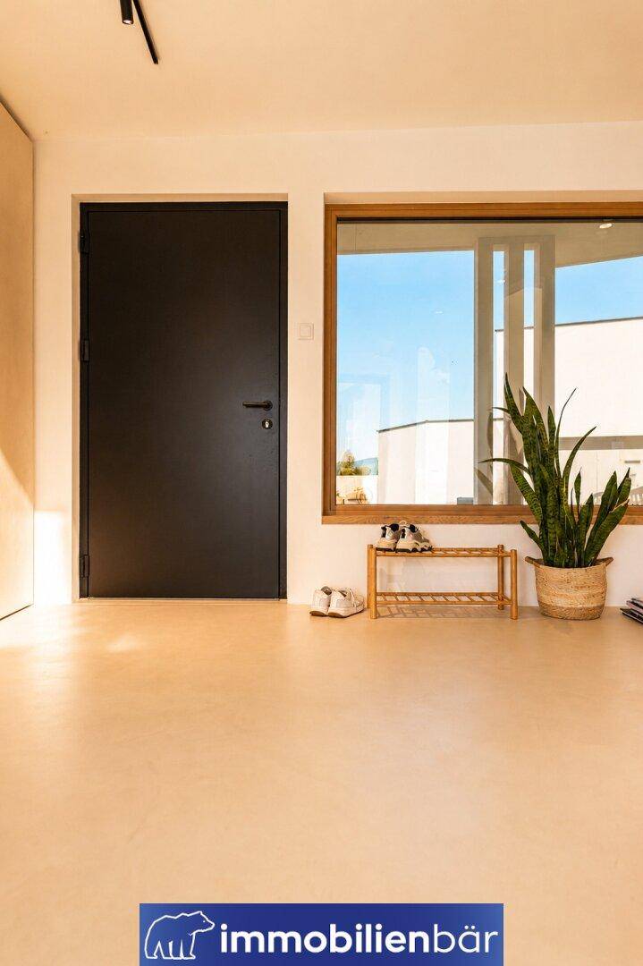 Heller Eingangsbereich mit schwarzer Tür, großem Fenster und dekorativer Grünpflanze.