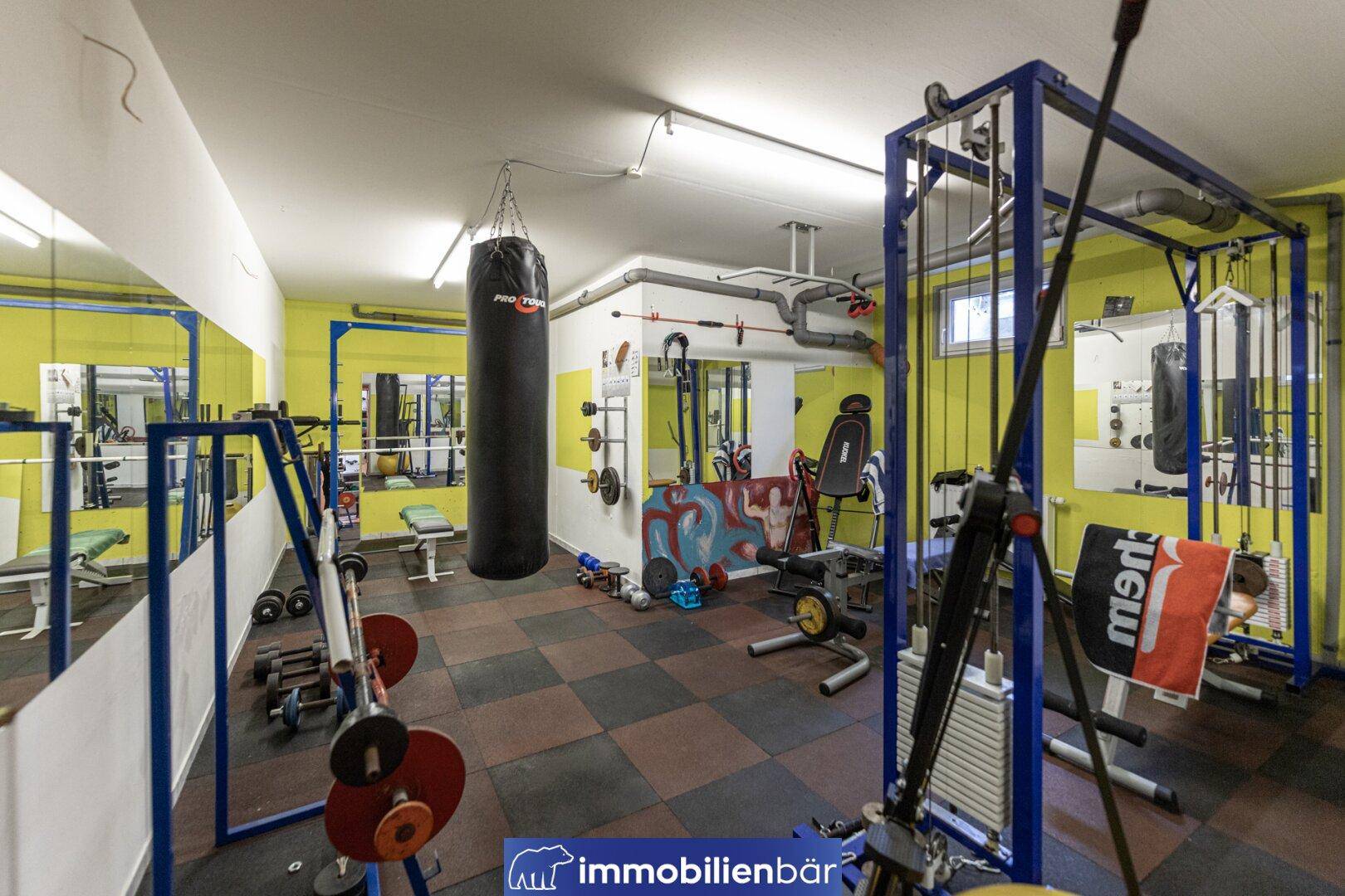 Gut ausgestatteter Fitnessraum im Keller mit verschiedenen Trainingsgeräten und Spiegeln.