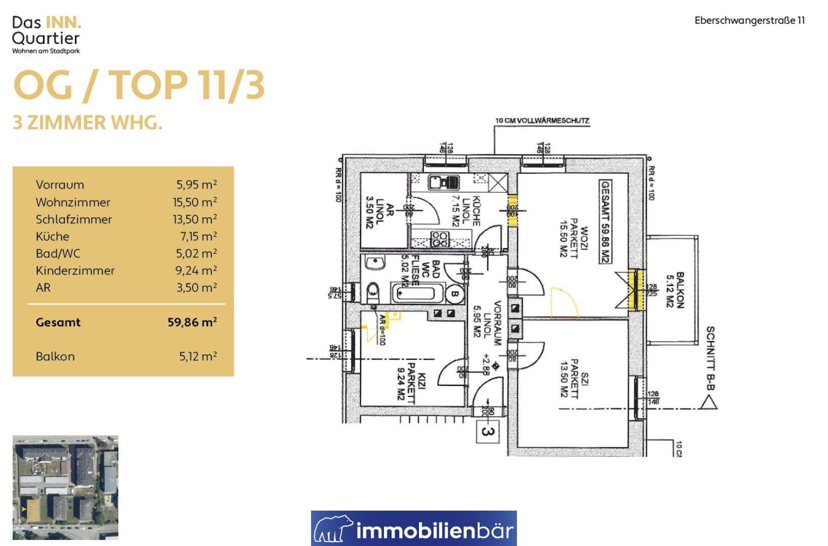 Detaillierter Grundriss einer 3-Zimmer-Wohnung mit Balkon und Raumaufteilung.