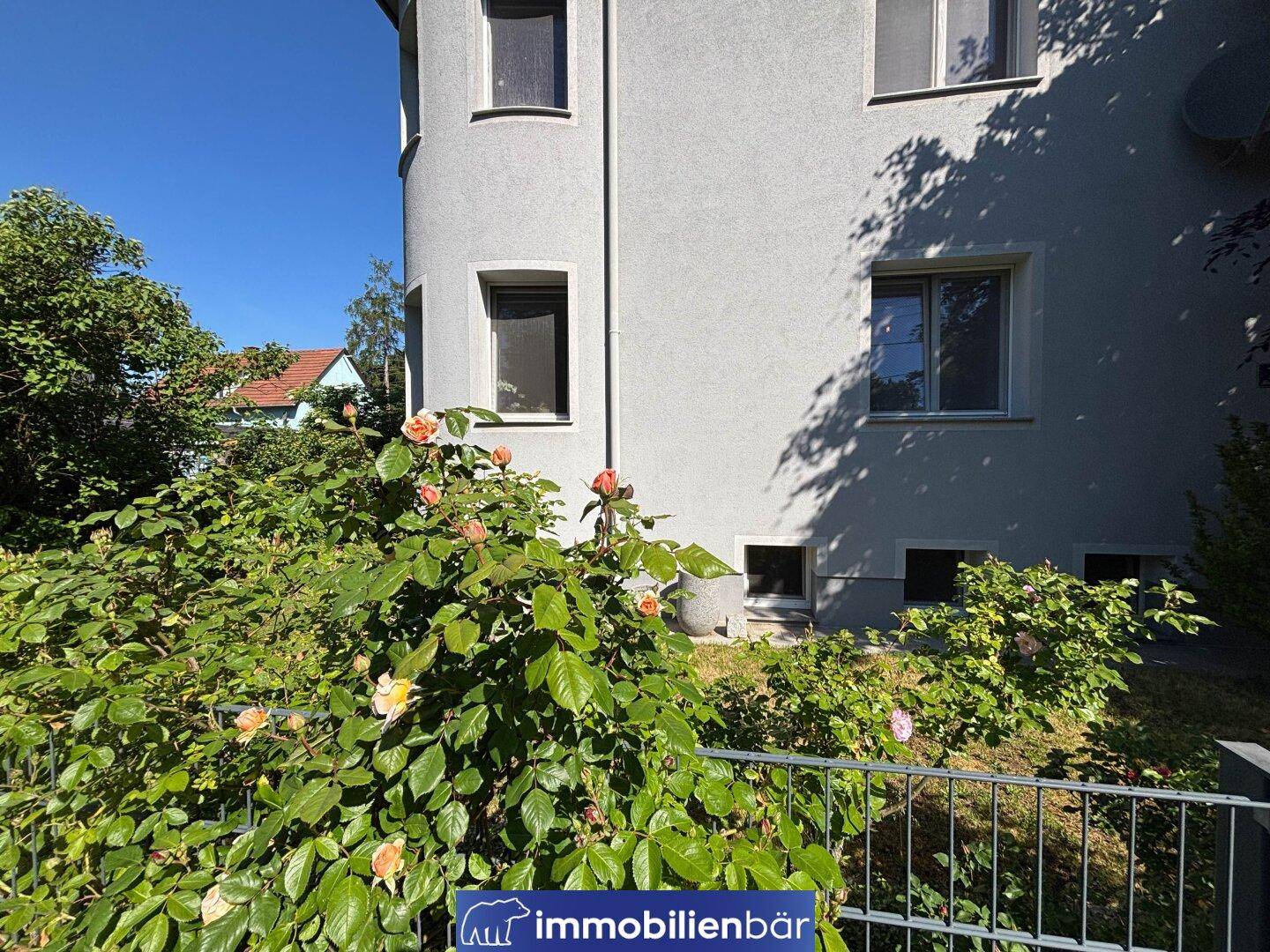 Seitenansicht des Hauses mit Fenstern und blühenden Rosensträuchern im Vorgarten.