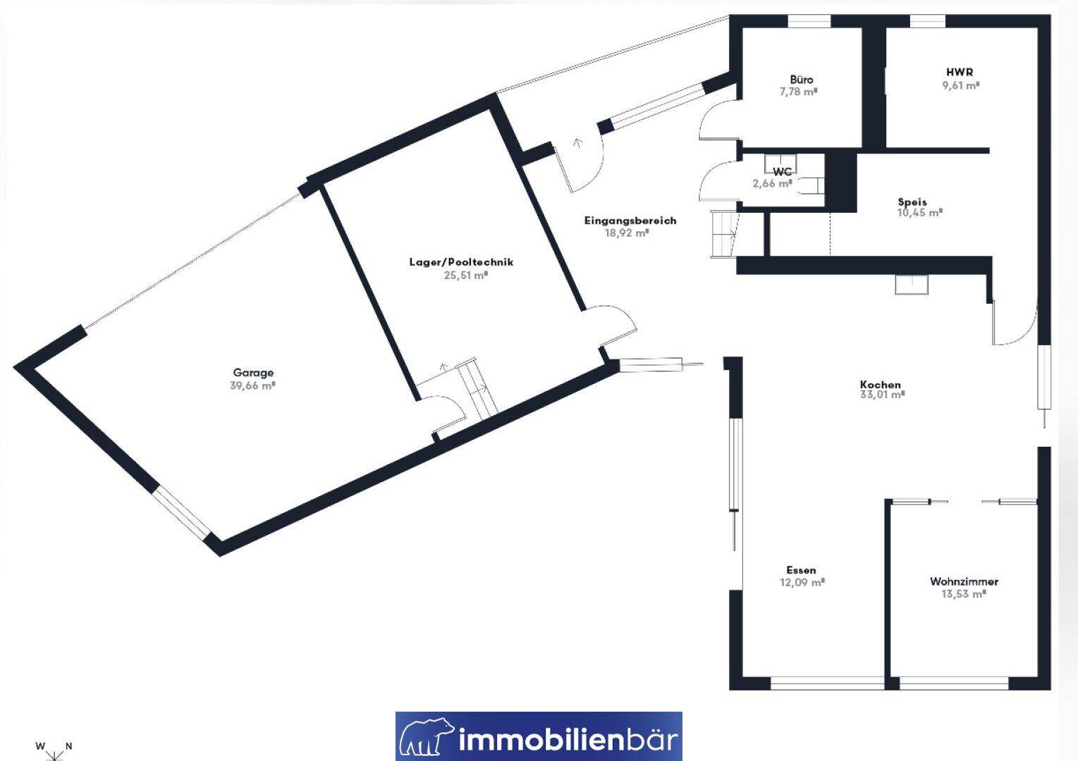 Grundriss des Erdgeschosses mit Garage, Lager, Büro, Küche, Ess- und Wohnzimmer.