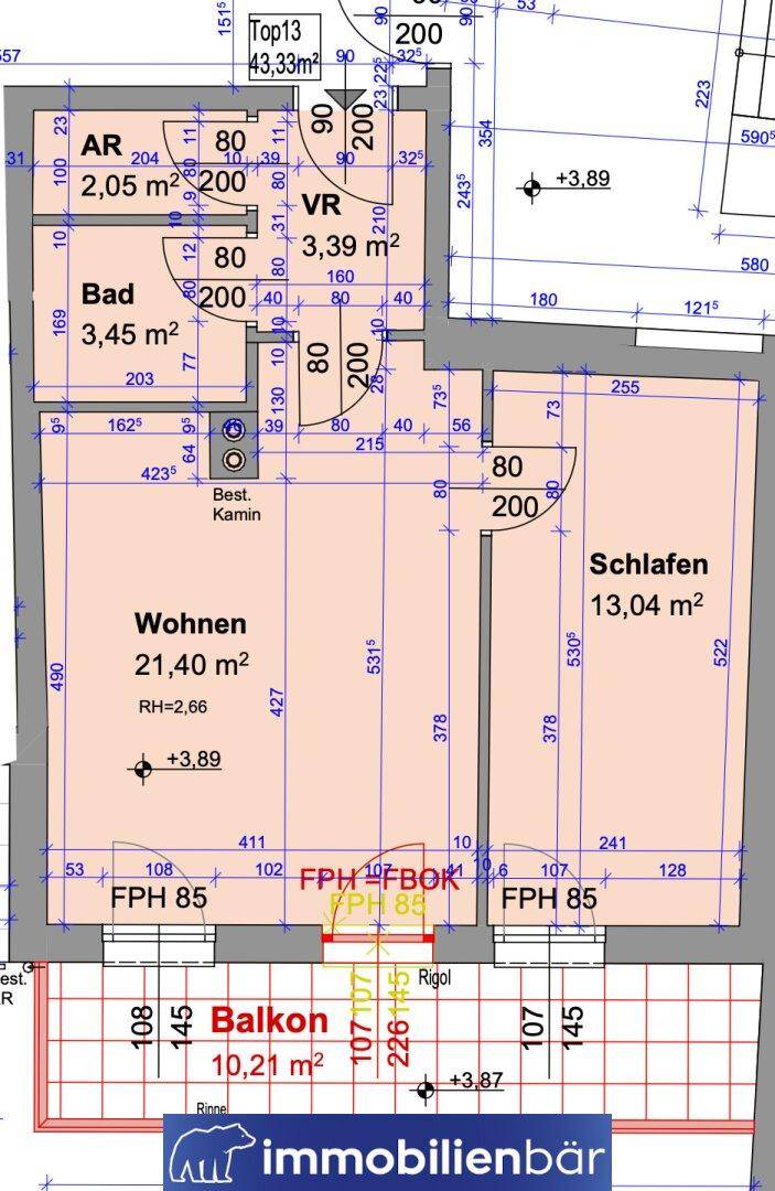Grundriss einer Wohnung mit Wohnzimmer, Schlafzimmer, Bad, Abstellraum und Balkon.
