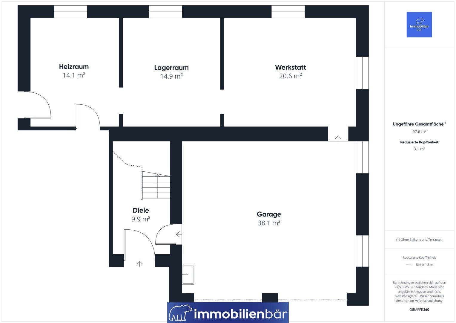 Grundriss des Untergeschosses mit Heizraum, Lagerräumen, Werkstatt und großer Garage.