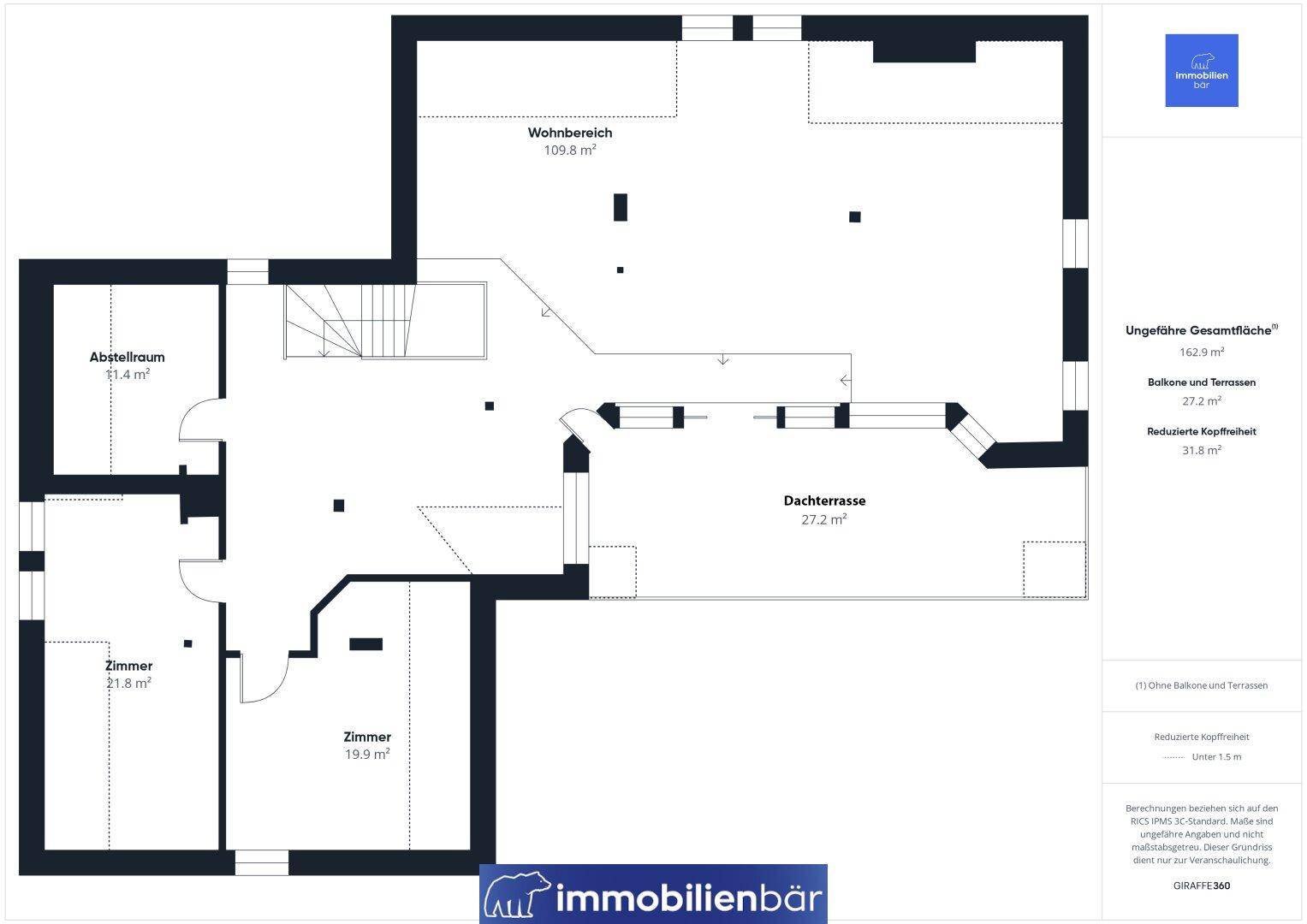 Grundriss des Dachgeschosses mit großem Wohnbereich, Abstellraum und Dachterrasse.