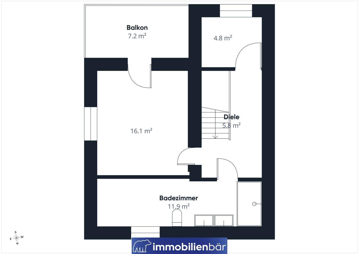 Grundriss des Obergeschosses mit Badezimmer, Diele und Balkon.