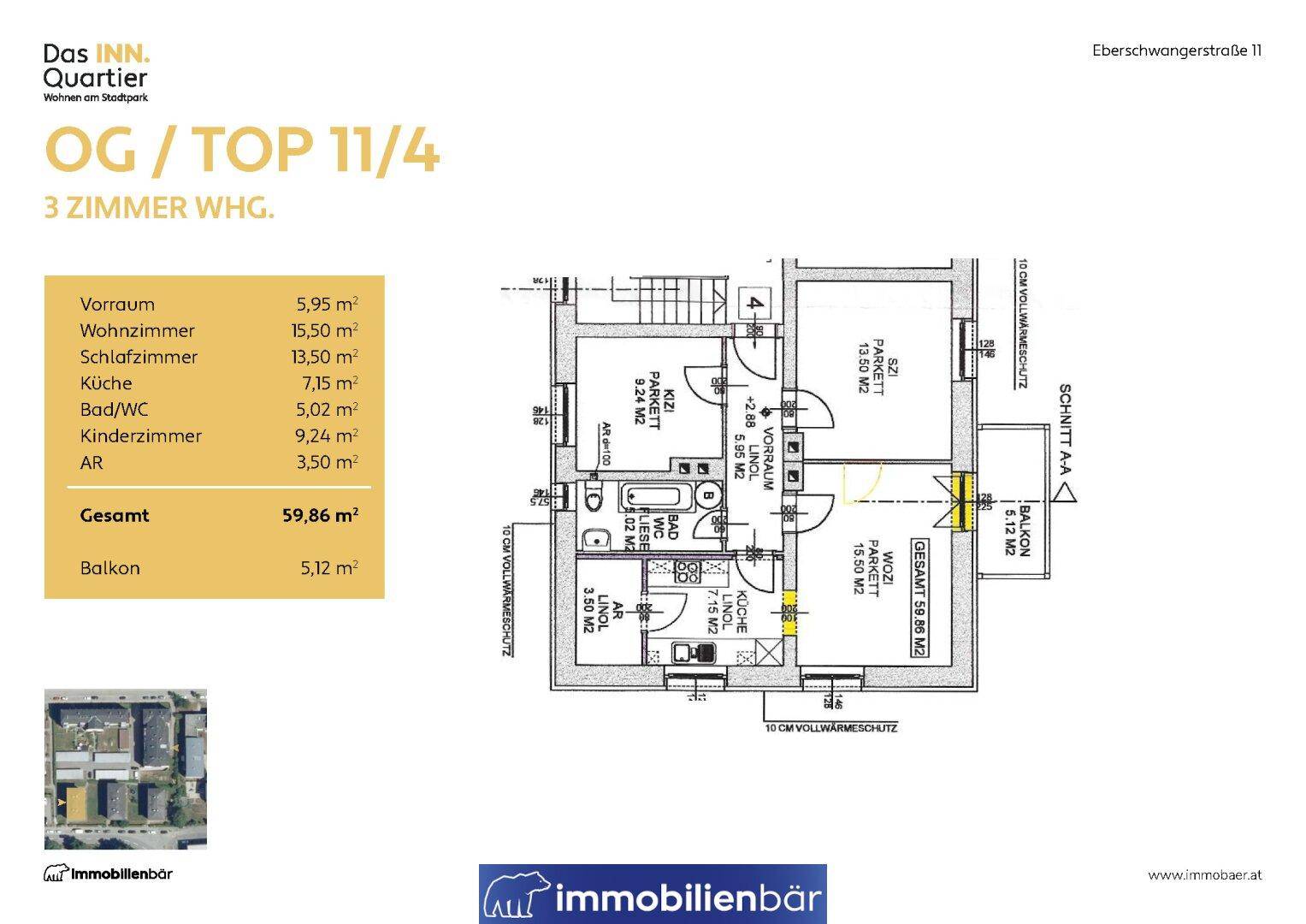 Grundriss der Wohnung OG / TOP 11/4 mit drei Zimmern und Balkon.