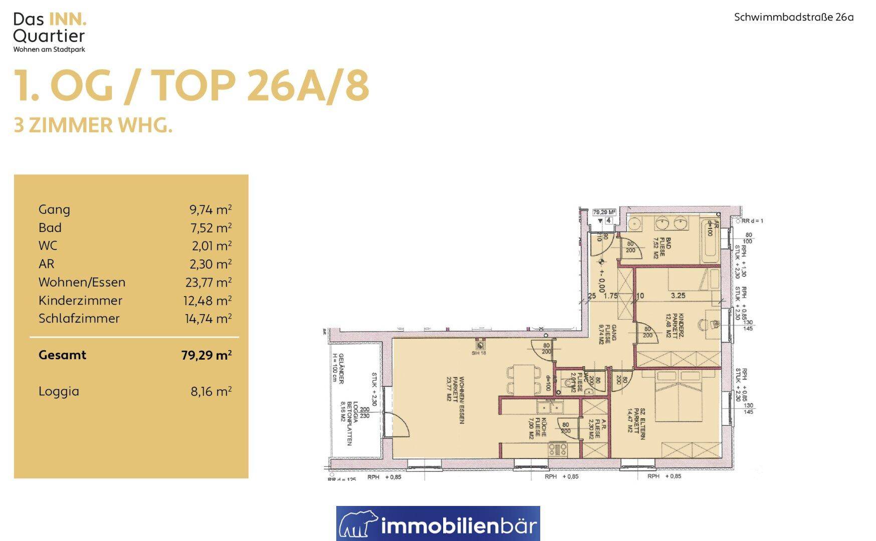 Grundriss einer 3-Zimmer-Wohnung im ersten Obergeschoss mit Loggia und detaillierten Raummaßen.