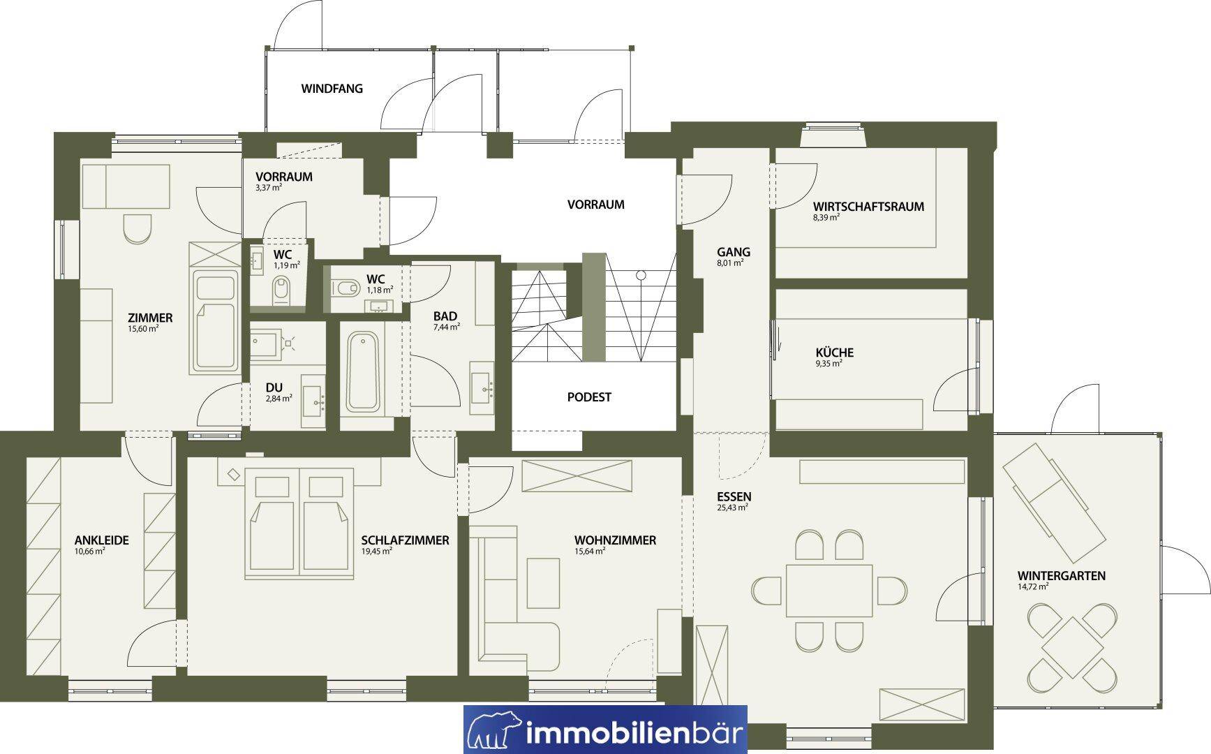Detaillierter Grundriss mit mehreren Zimmern, Bädern, Küche, Wohnbereich und einem Wintergarten.