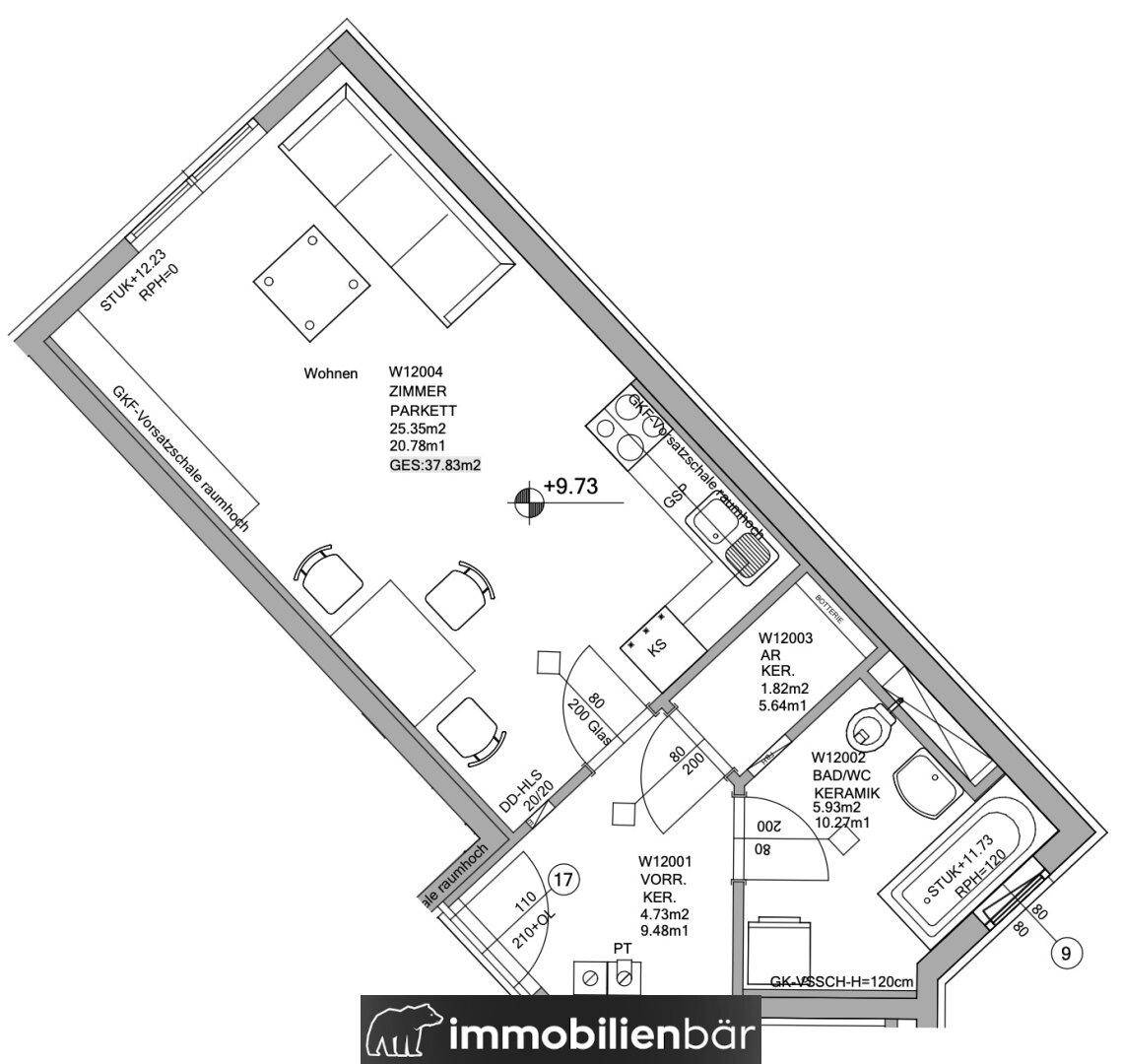 Grundriss einer Wohnung mit offenem Wohnbereich, Küche, Bad und Abstellraum.