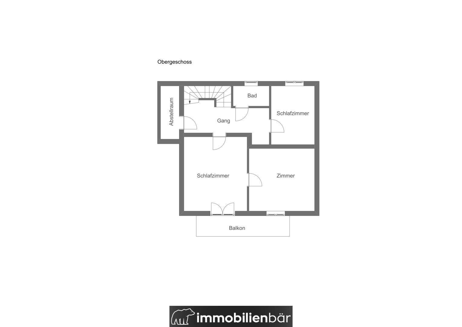 Grundriss des Obergeschosses mit Schlafzimmern, Bad und Balkon.