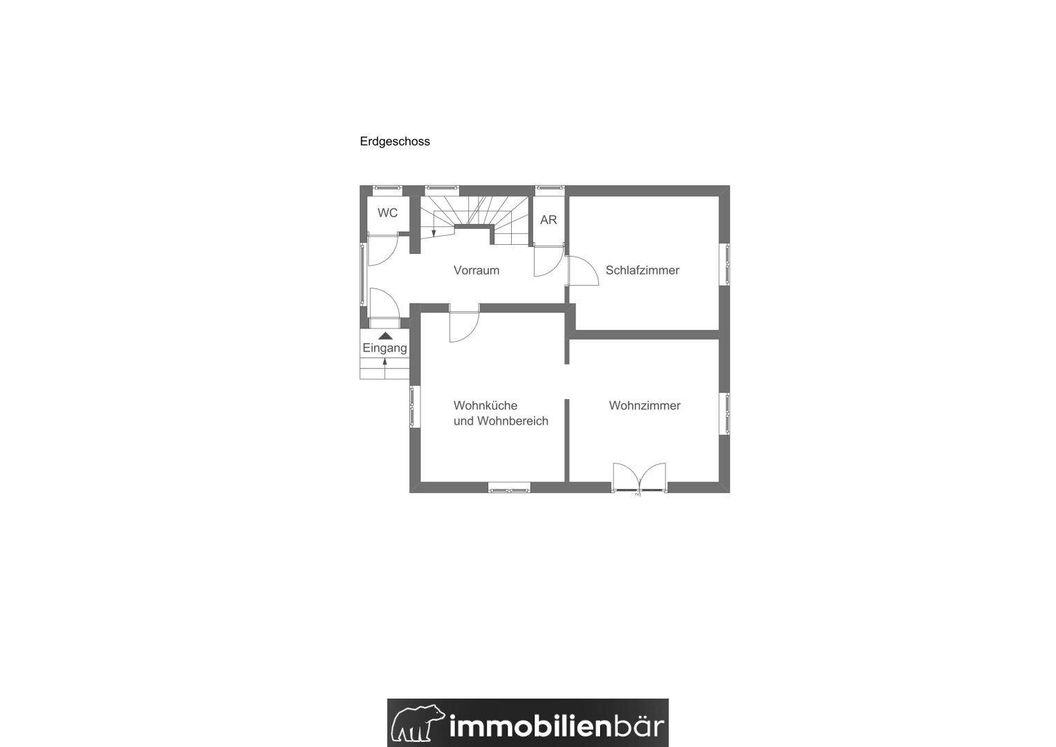 Grundriss des Erdgeschosses mit Wohnküche, Wohnzimmer und separatem WC.