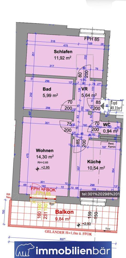 Detaillierter Grundriss einer Wohnung mit Schlafzimmer, Bad, Wohnzimmer, Küche und Balkon.