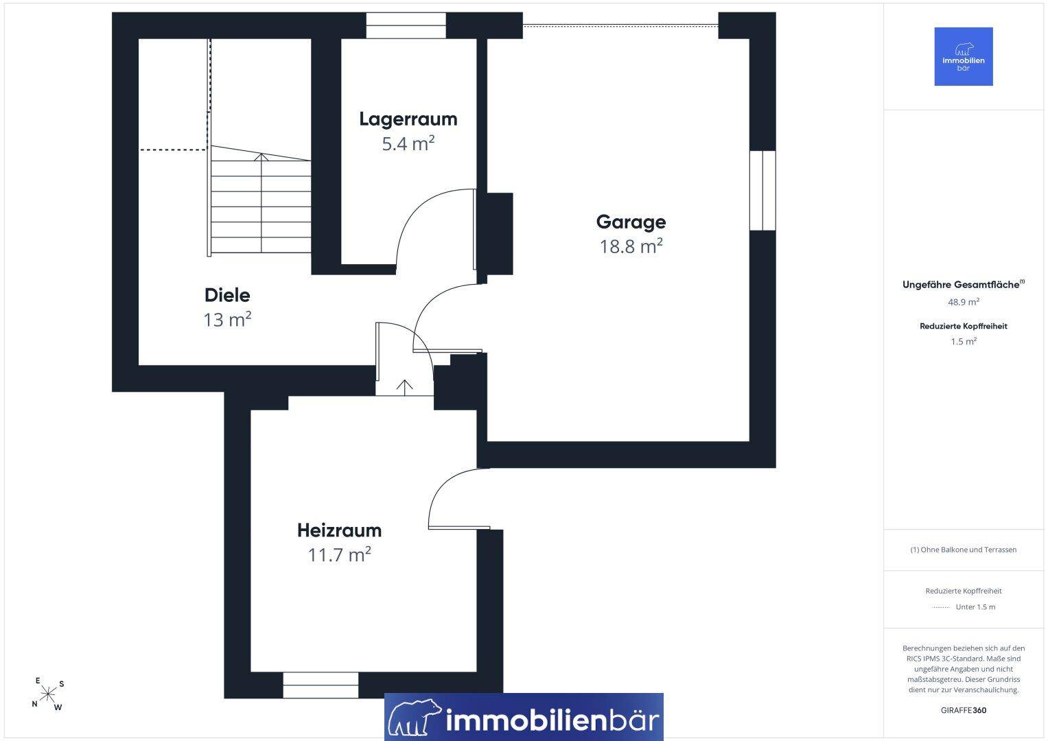 Grundriss des Untergeschosses mit Lagerraum, Garage, Diele und Heizraum.