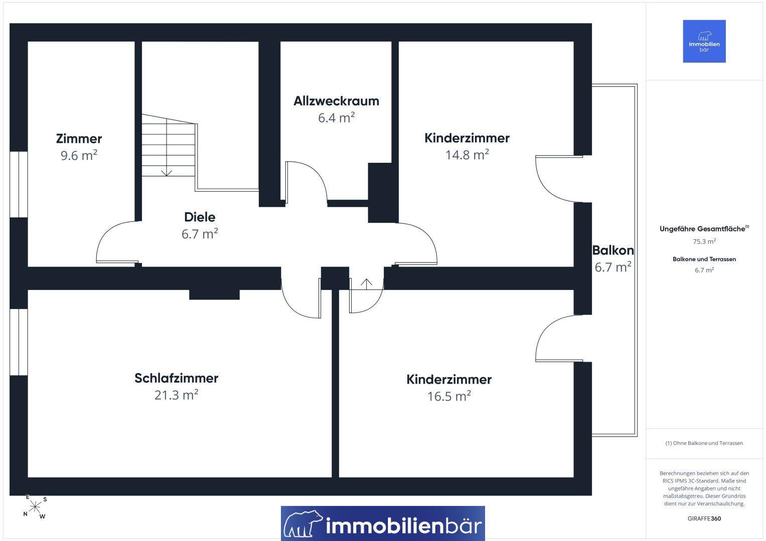 Grundriss des Obergeschosses mit Schlafzimmern, Kinderzimmern, Allzweckraum und Balkon.