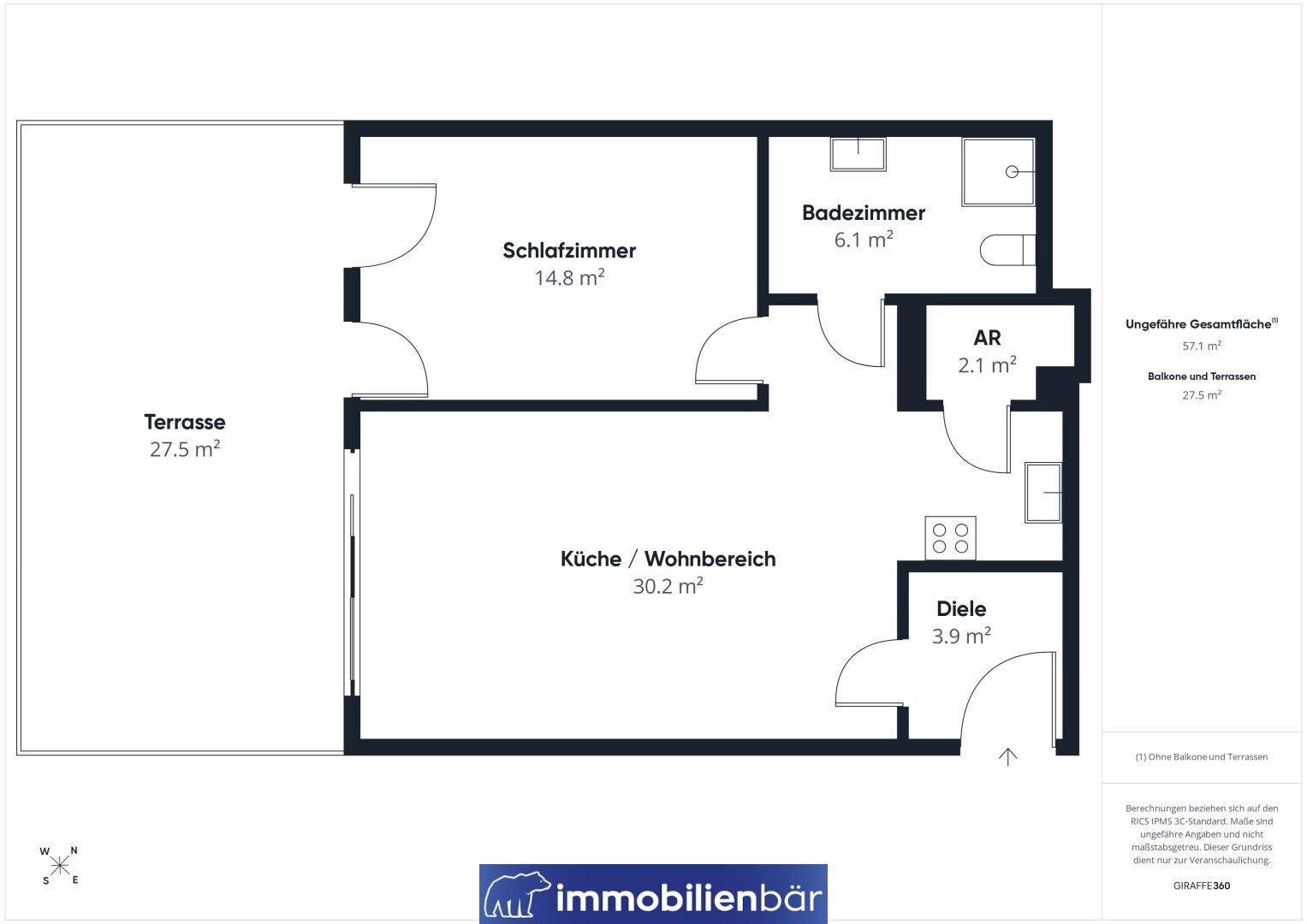 Grundriss einer Wohnung mit Schlafzimmer, Bad, offenem Wohnbereich und großer Terrasse.