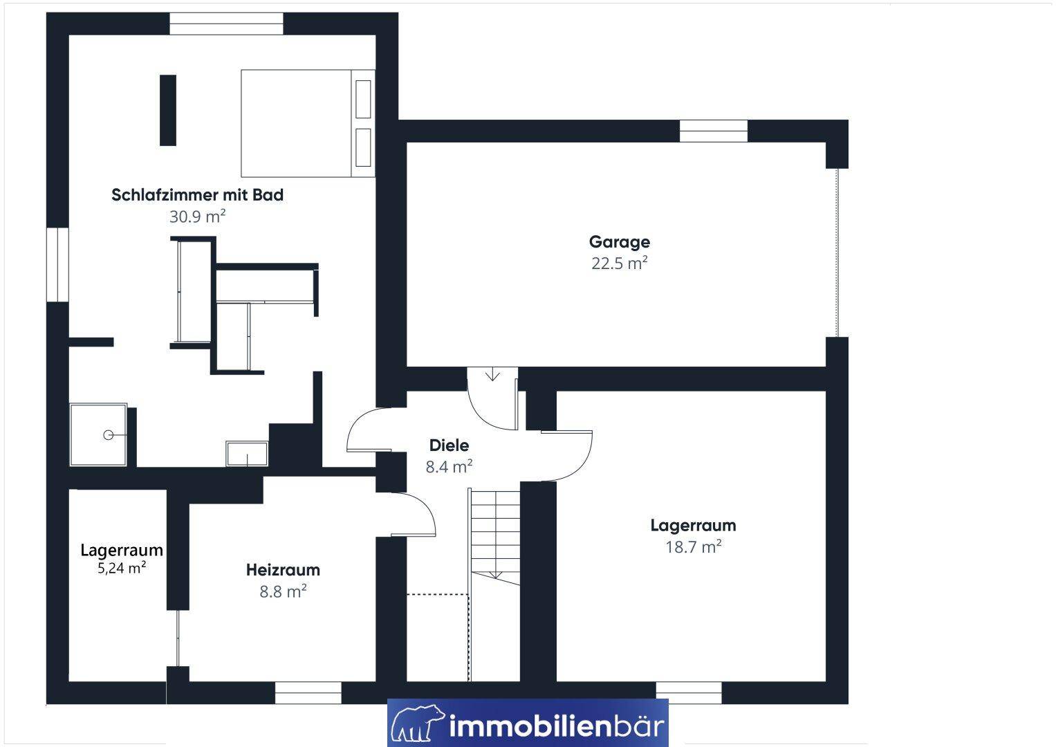 Grundriss des Untergeschosses mit Schlafzimmer, Bad, Garage und Lagerräumen, funktional aufgeteilt.