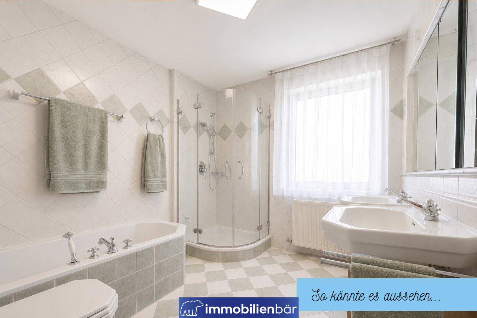Modernisiertes Badezimmer mit Duschkabine, Badewanne und Doppelwaschbecken, hell und freundlich gestaltet.