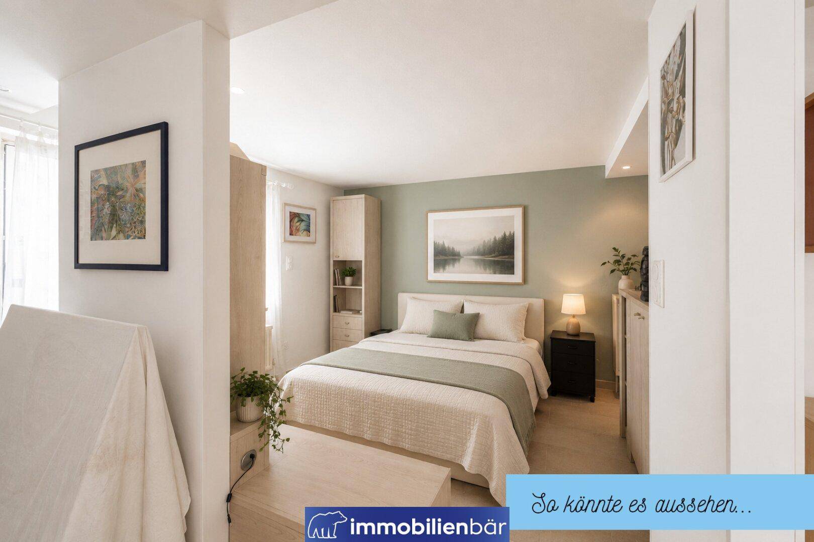 Renoviertes Schlafzimmer mit modernem Einzelbett, Schrank und heller Wandfarbe.