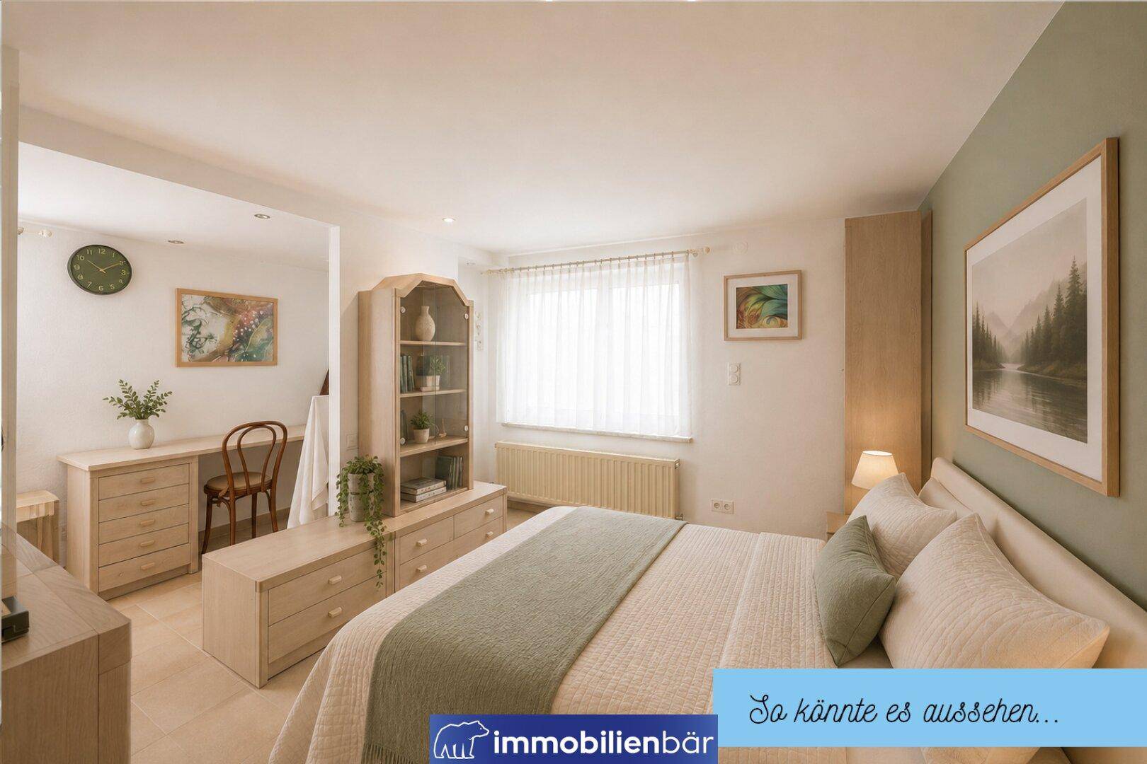 Renoviertes Schlafzimmer mit modernem Doppelbett, Schreibtisch und heller Wandfarbe.
