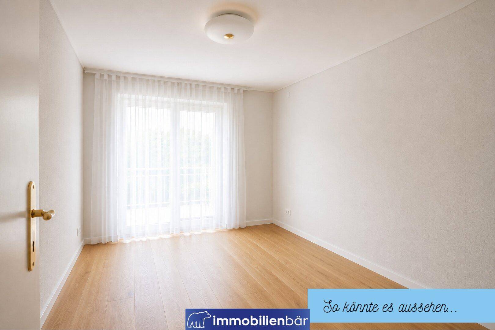 Helles, leeres Schlafzimmer mit Holzboden und Balkonzugang, bereit zur individuellen Gestaltung.