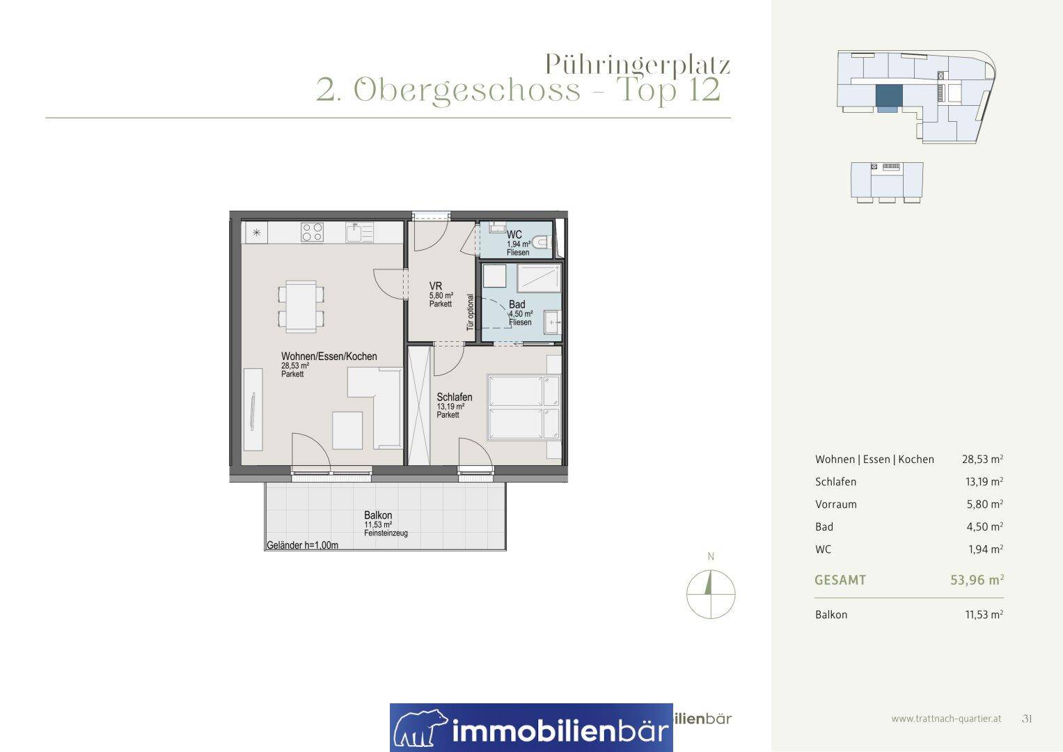 Grundriss einer Wohnung im 2. Obergeschoss mit offenem Wohn-/Ess-/Kochbereich und Balkon.