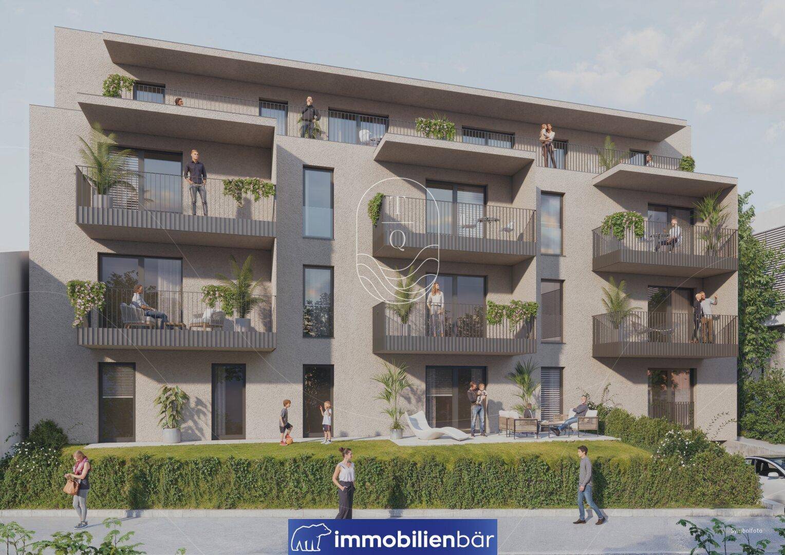 Ansicht eines modernen Wohnkomplexes mit mehreren Balkonen und einer gepflegten, begrünten Außenanlage.