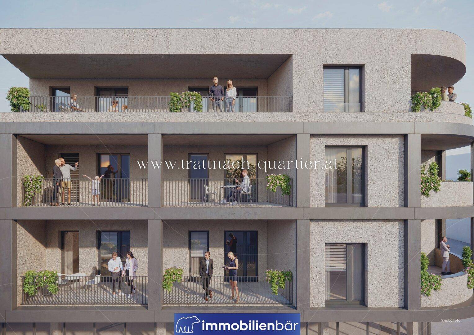Detailansicht der Balkone eines modernen Wohngebäudes mit Bewohnern und dekorativen Pflanzen.