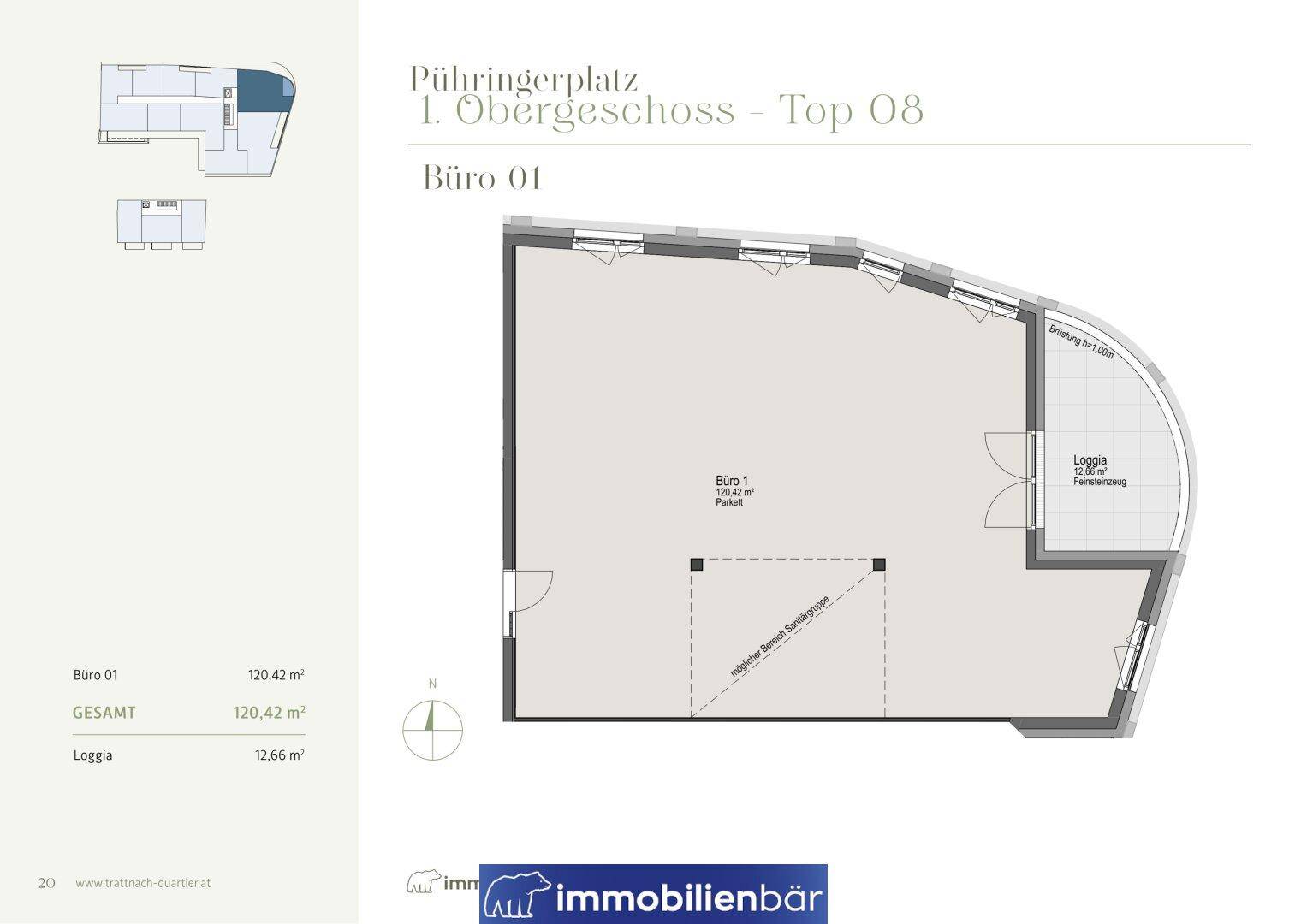 Grundriss für ein Büro im ersten Obergeschoss mit einer Loggia und einer Gesamtfläche von 120,42 m².