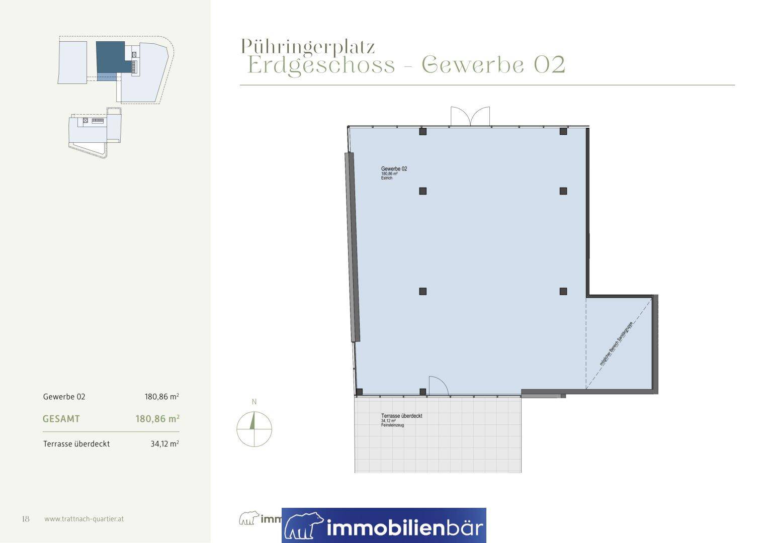 Grundriss für eine Gewerbeeinheit im Erdgeschoss mit einer überdachten Terrasse.