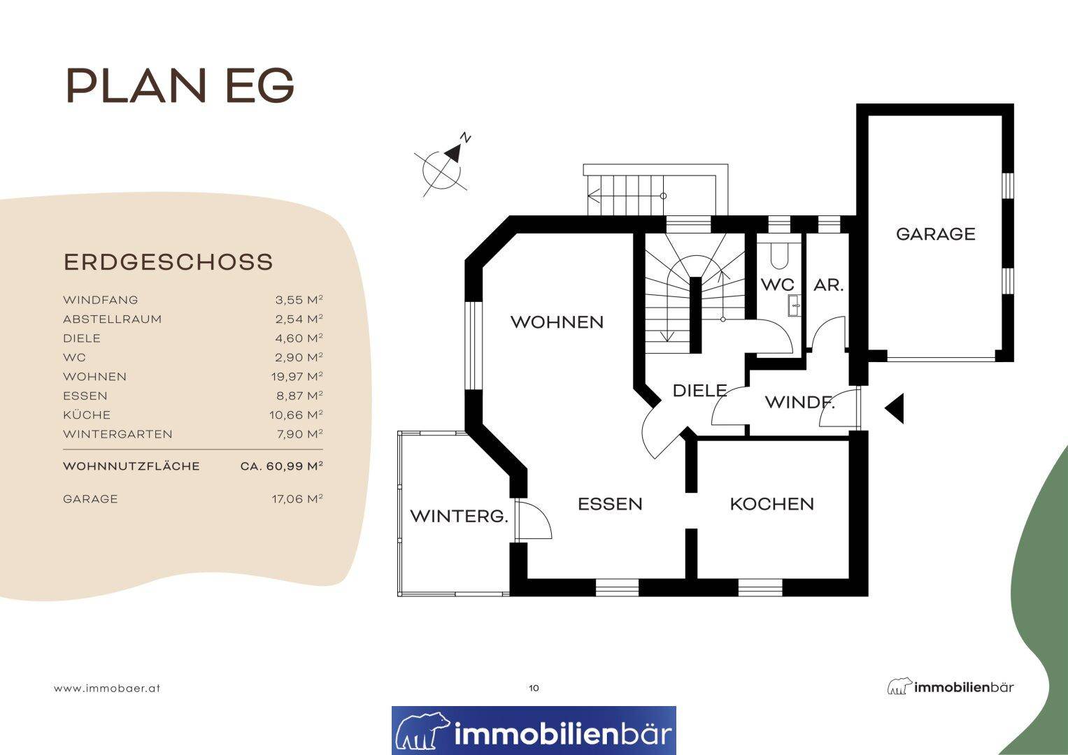 Grundriss des Erdgeschosses mit Wohn-, Essbereich, Küche, WC und Wintergarten.