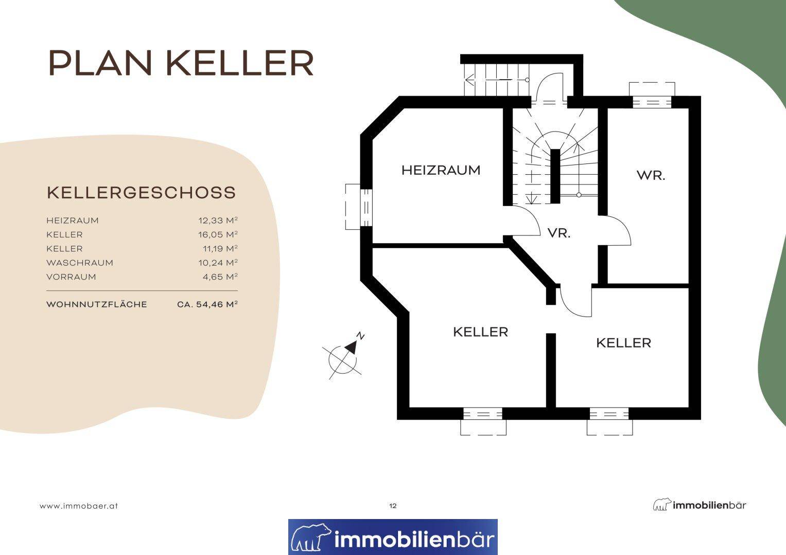 Grundriss des Kellergeschosses mit Heizraum, Kellerräumen und Waschraum.