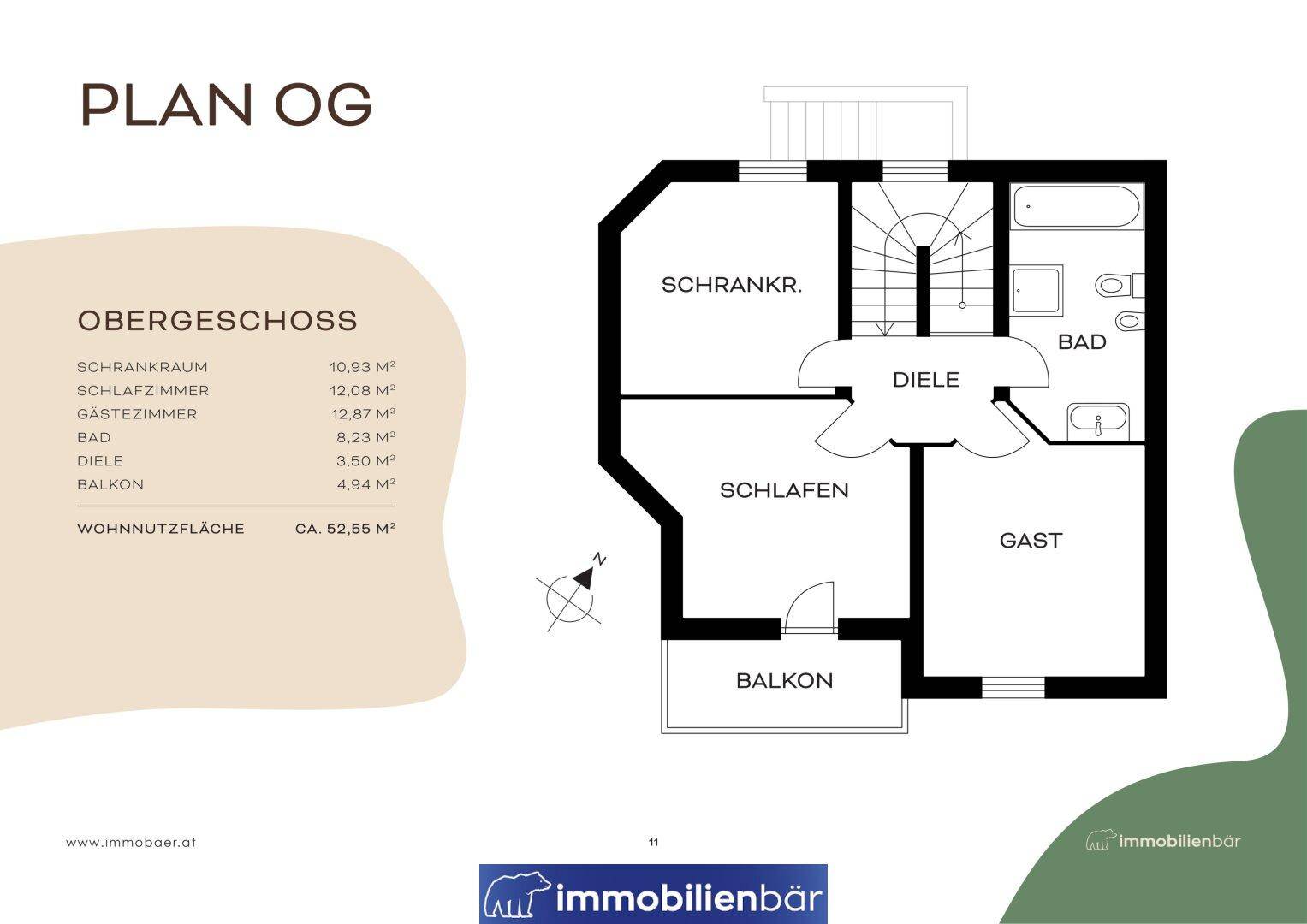Grundriss des Obergeschosses mit Schlafzimmer, Gästezimmer, Bad und Balkon.