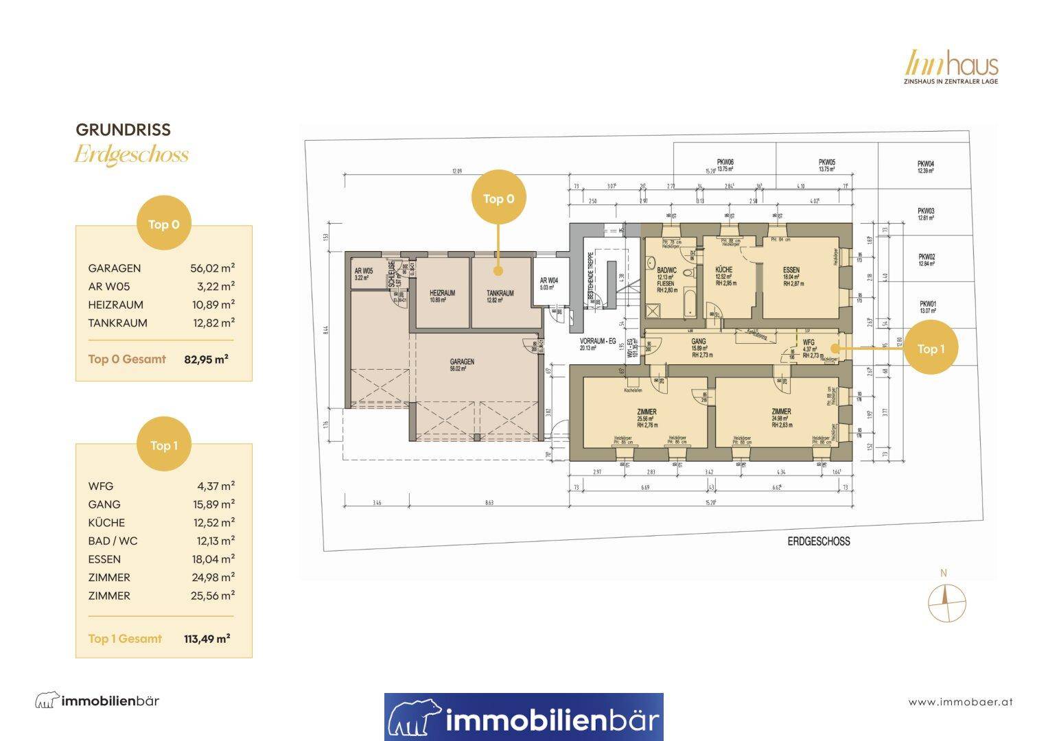 Grundriss des Erdgeschosses mit zwei Wohneinheiten und integrierten Garagenbereichen.