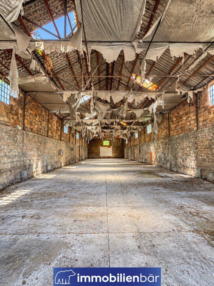 Große, leere Lagerhalle in schlechtem Zustand mit beschädigter Decke und Betonboden.
