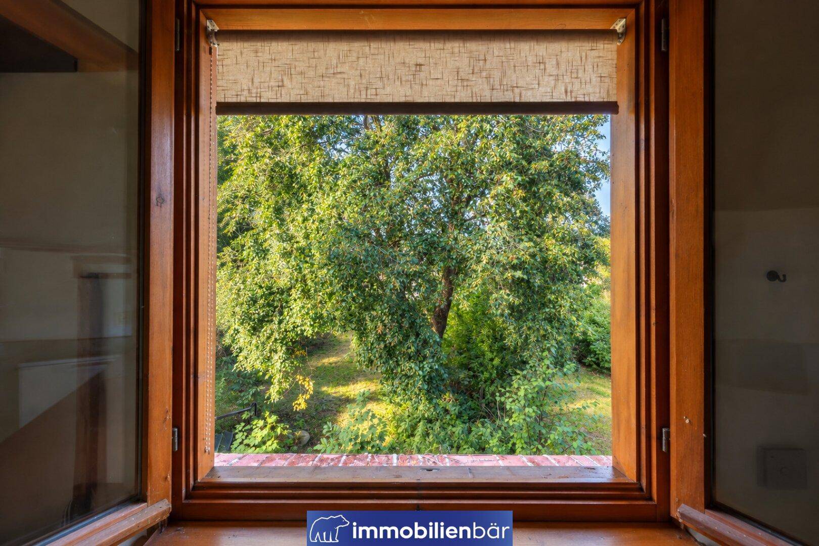 Großes Holzfenster mit Rollo bietet einen weiten Blick auf die umliegende grüne Natur.