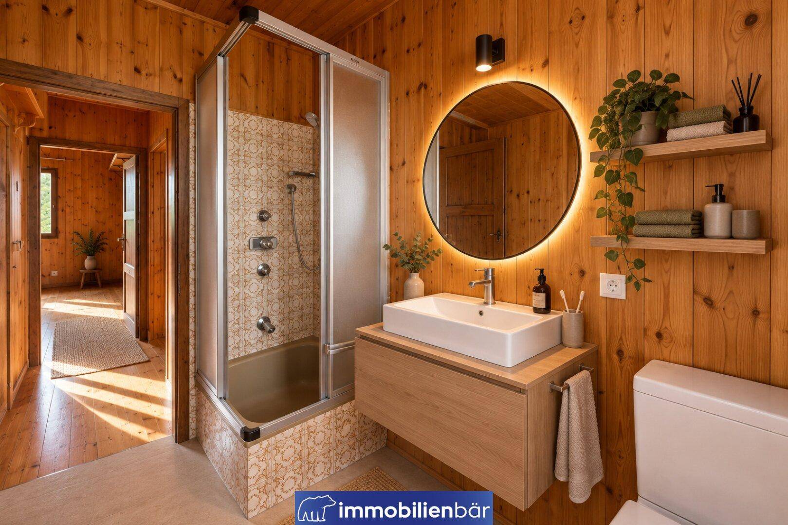 Modernisiertes Badezimmer mit Holzvertäfelung, Duschkabine, neuem Waschbecken und beleuchtetem Spiegel.