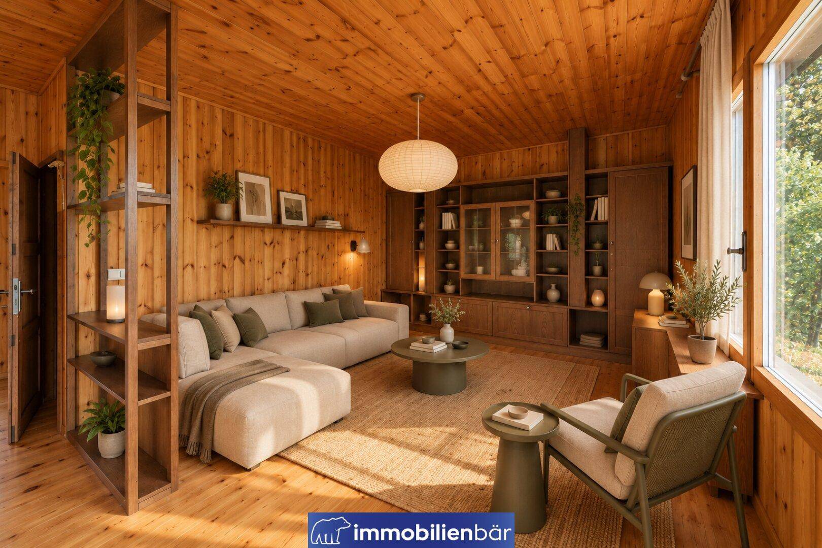 Visualisierung eines gemütlichen Wohnzimmers mit Holzvertäfelung, Sofa und modernen Möbeln.