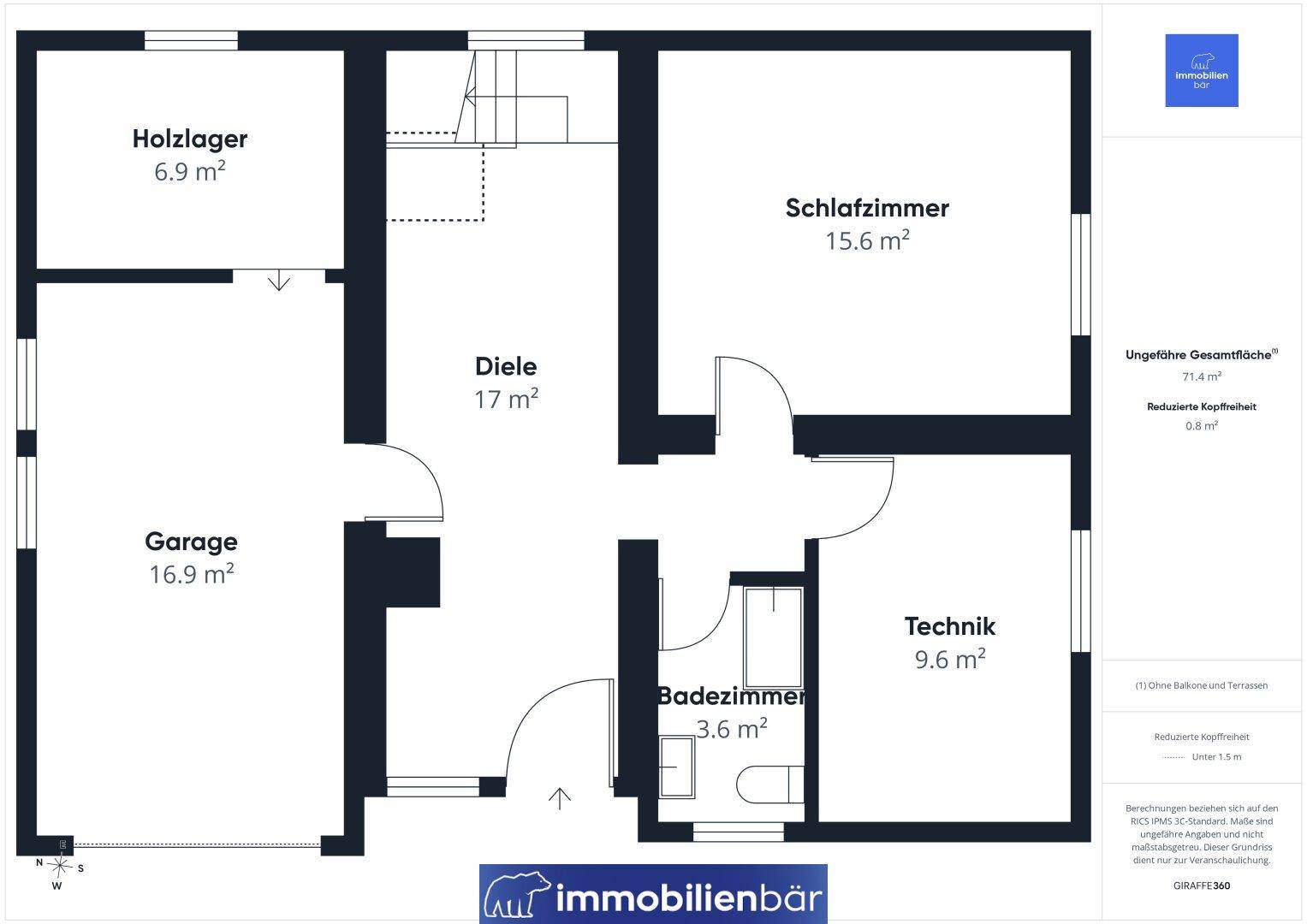 Grundriss des Erdgeschosses mit Schlafzimmer, Bad, Diele, Garage und Technikraum.