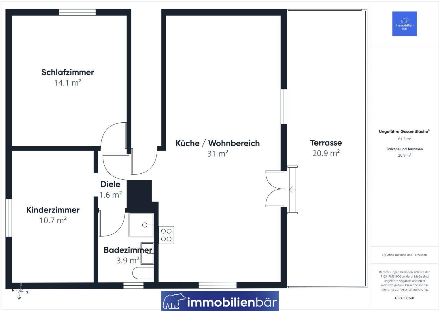 Grundriss des Obergeschosses mit Schlafzimmer, Kinderzimmer, Bad, Diele und Terrasse.