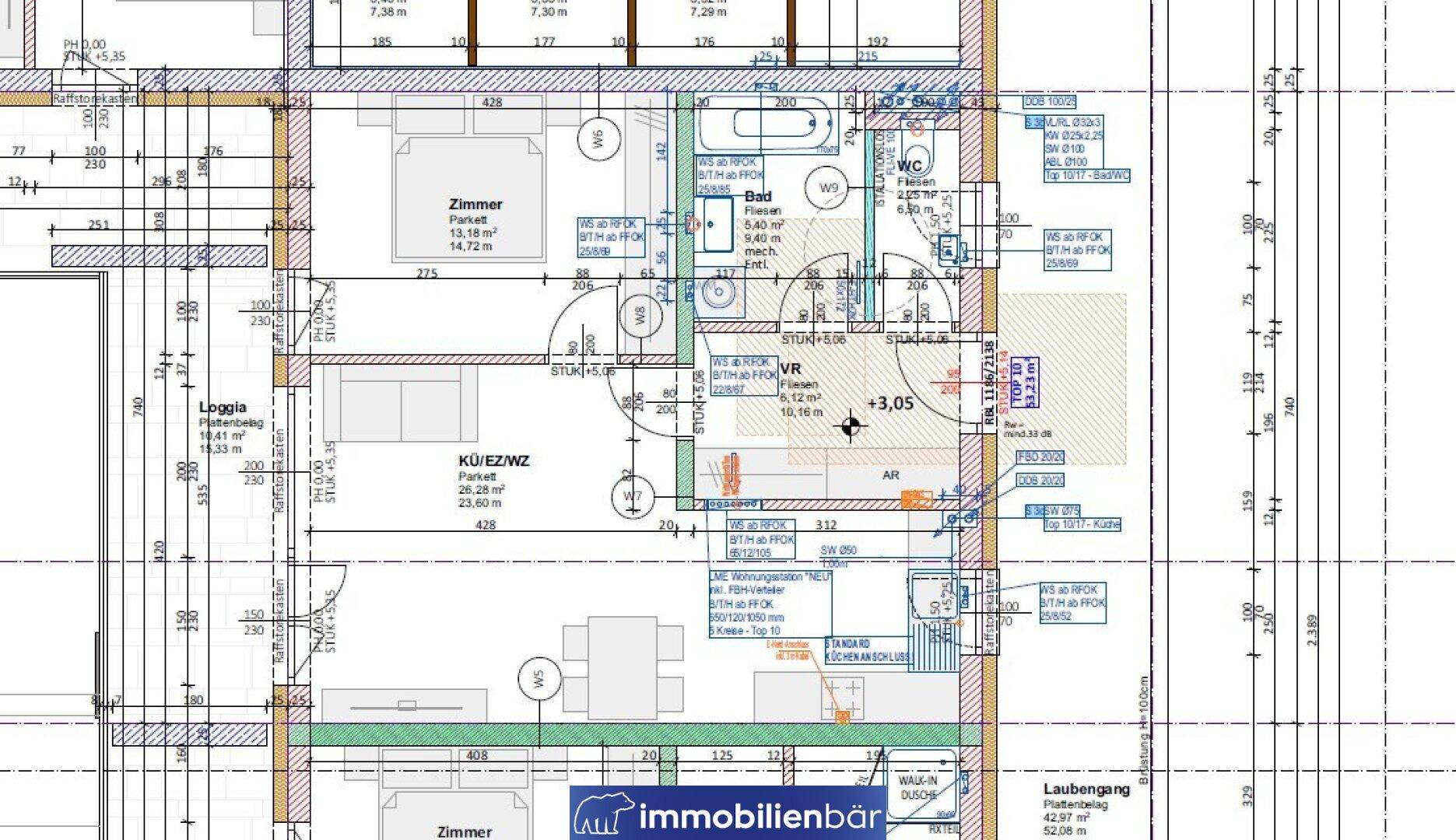 Detaillierter Grundrissplan mit offener Wohnküche, Loggia und separatem WC.