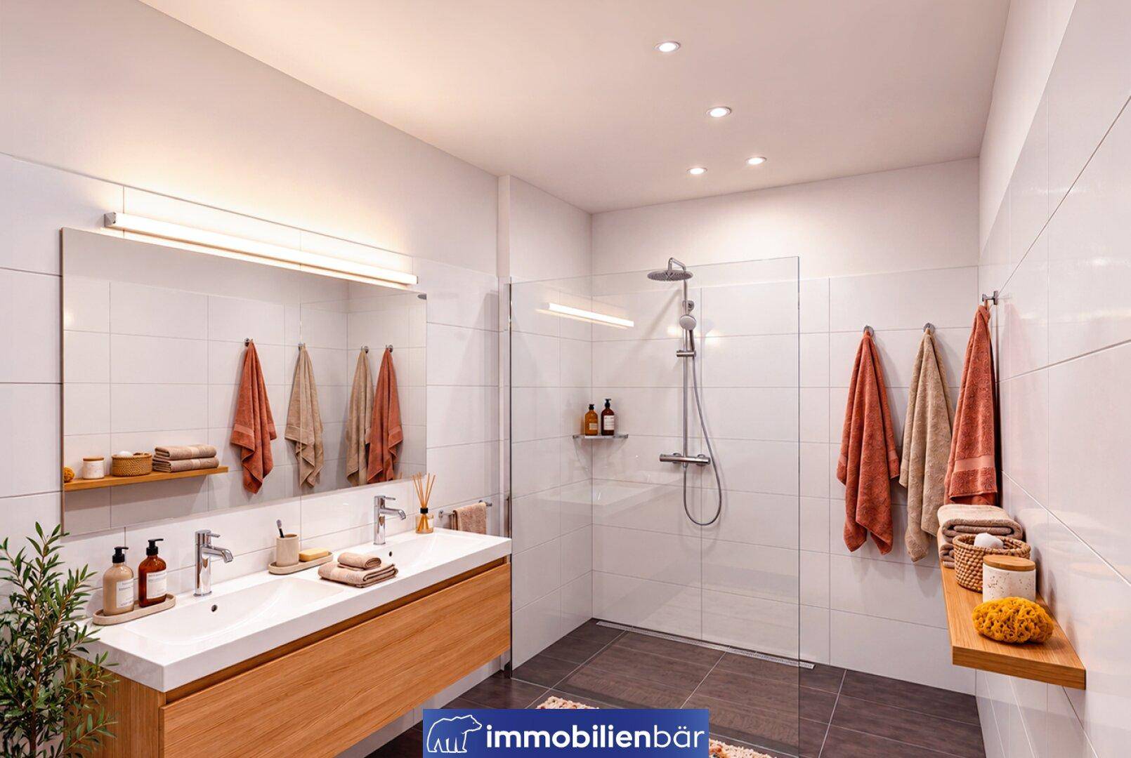 Modernes Badezimmer mit Doppelwaschbecken, großer begehbarer Dusche und weißen Fliesen.