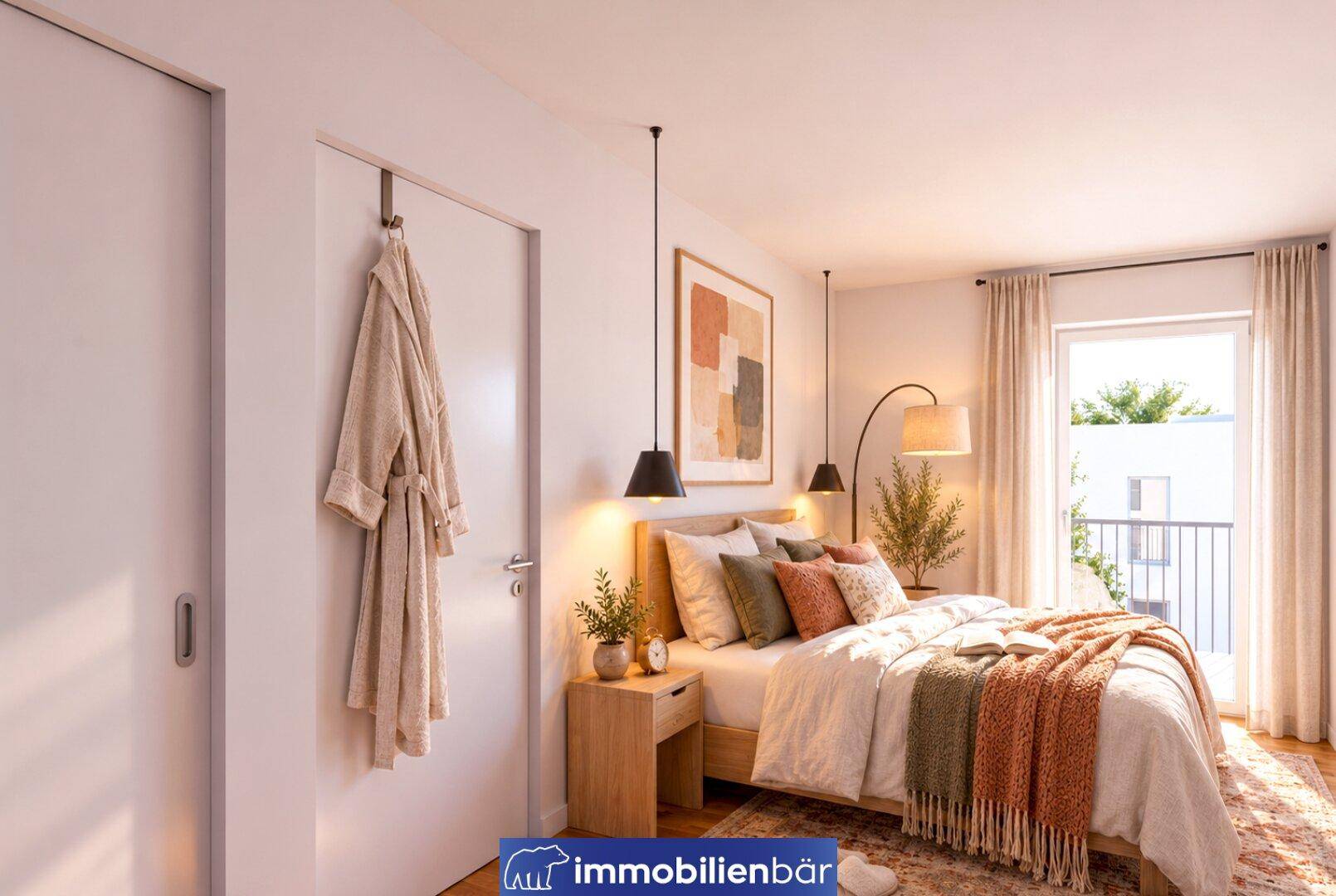 Helles Schlafzimmer mit gemütlichem Bett, Nachttischen und Zugang zu einem Balkon.